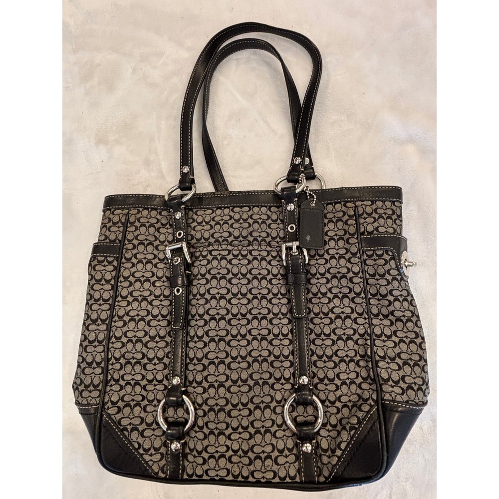 Coach Hamptons Weekend Signature Tote Black Grey Canvas Leather Bag 11062
